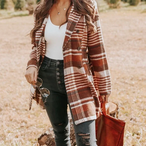 Plaid Brown Women's Coat - Picture 8 of 12